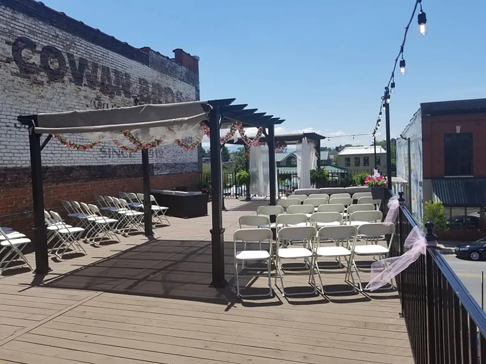Rooftop deck set up for a wedding ceremony at Warehouse 817